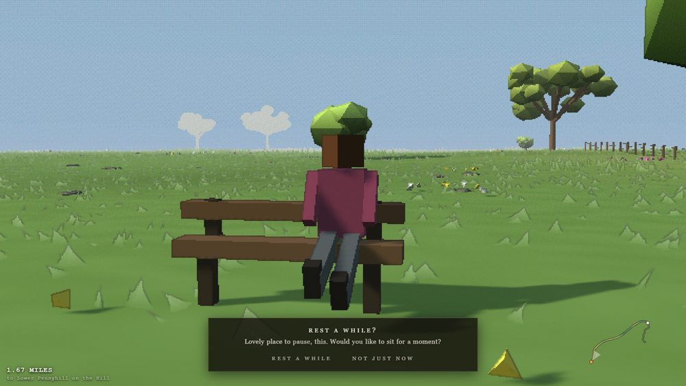 A walker sitting on a bench with a Rest a while prompt